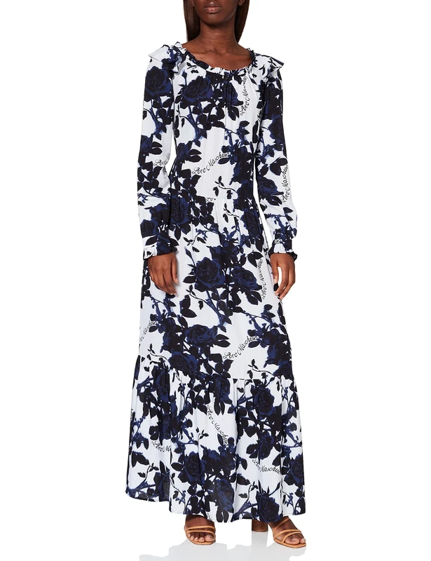 Love Moschino Women's Dress with All-Over Roses Print,Long Sleeves, Neckline and Flounced Skirt with Ruffles Casual, F.BCO/Pink Blue, 20