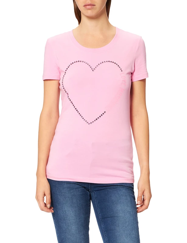Love Moschino Women's Fitted Short Sleeved t-Shirt with hue Rhinestone Heart with Shiny Print on Chest, Pink, 16