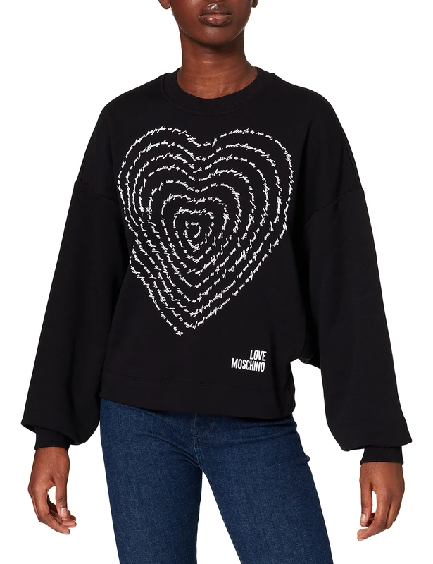 Love Moschino Women's Round Neck Sweatshirt with Long Wing Sleeves and Rhombus Hem, Black, 42