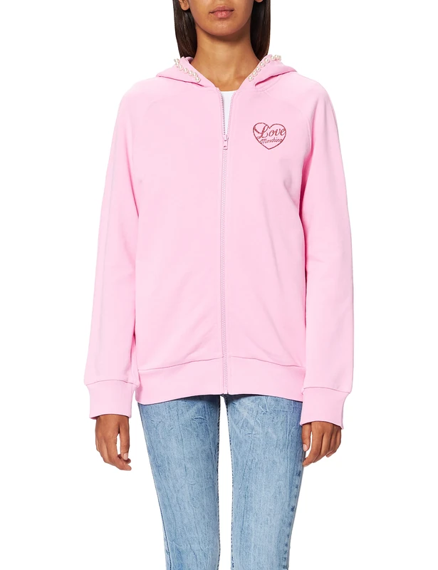 Love Moschino Women's zipped sweatshirt with pearl trim on around the hood, raglan sleeves and ribbed hems coat, pink,