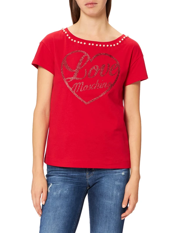 Love Moschino Women's Boxy fit Short Sleeved t-Shirt,Trimmed with Pearls on Along The Neckline, red, 18