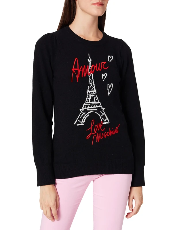 Love Moschino Women's Round Neck Pullover with Long Puffed Sleeves and Eiffel Tower Intarsia Sweater, Black, 18