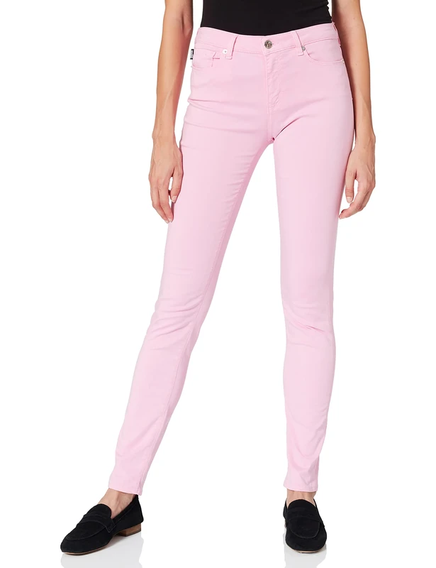 Love Moschino Women's Skinny 5 Gabardine Denim,with Nickel galvanic Metal Accents,Logo Label on 5th Pocket and tab Casual Pants, Pink, 26 - Image 1