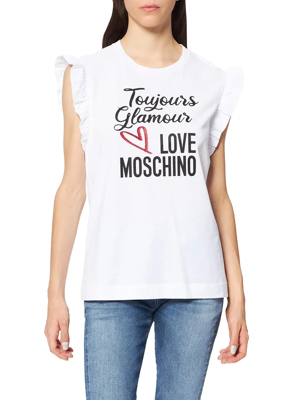 Love Moschino Women's Sleeveless t-Shirt with Small Ruffles Around The Armholes,Glitter Print of Seasonal Slogan and Logo, Optical White, 6