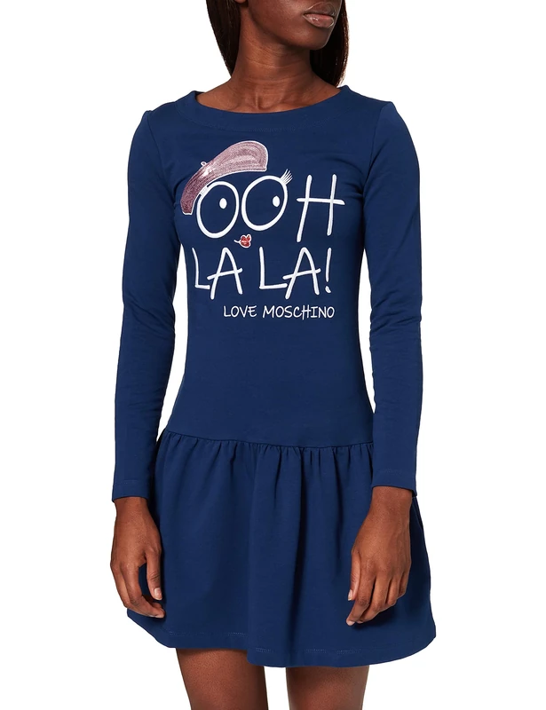 Love Moschino Women's Fitted Long Sleeved Dress with Drop Waist Flared Skirt and Large Round Neckline Casual, Blue, 22