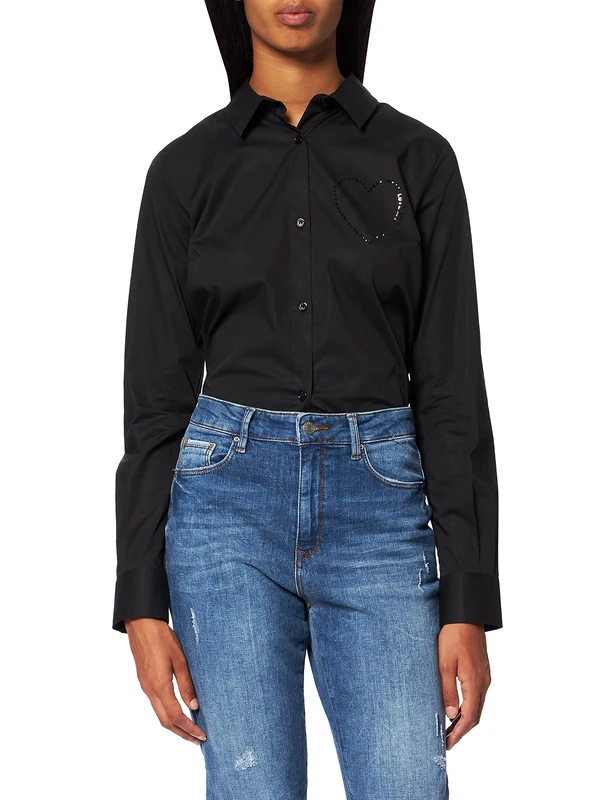 Love Moschino Women's Slim fit Long Sleeved Shirt in Stretch poplin with Matching hue Rhinestone Heart, Black, 22