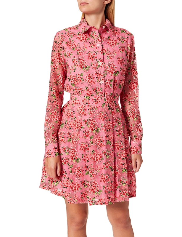 Love Moschino Women's Flared Dress Shirt with Long Sleeves with All-Over devoré Flowers Casual, F.rosa/Fio.Ross, 14