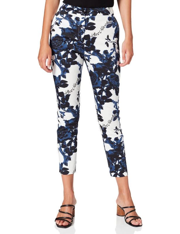 Moschino Women's Creased Cigarette Trousers in All-Over Roses Print with Slant Pockets,Small Slit on Outer Bottom Hem Casual Pants, F.BCO/Pink Blu, 18