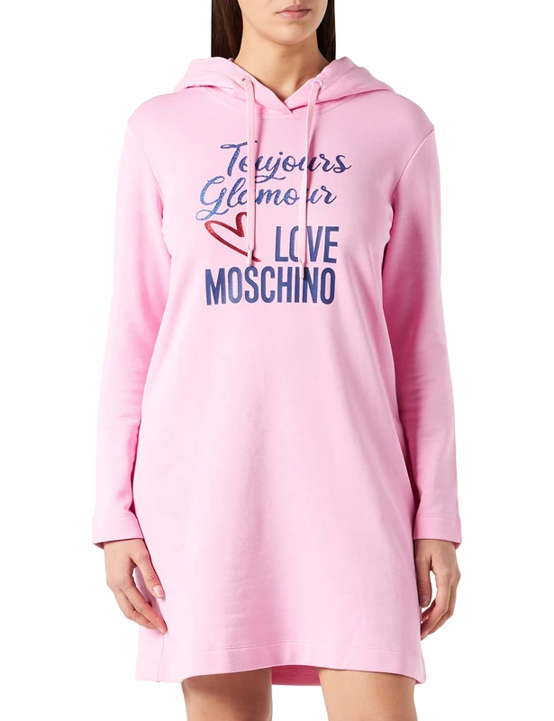 Love Moschino Women's Regular fit Long Sleeved Dress with Adjustable Drawstring Hood and Stitched Hemline Casual, Pink, 16
