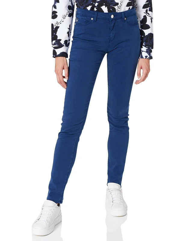 Moschino Women's Skinny 5 Gabardine Denim,with Nickel galvanic Metal Accents,Logo Label on 5th Pocket and tab Casual Pants, Blue, 8