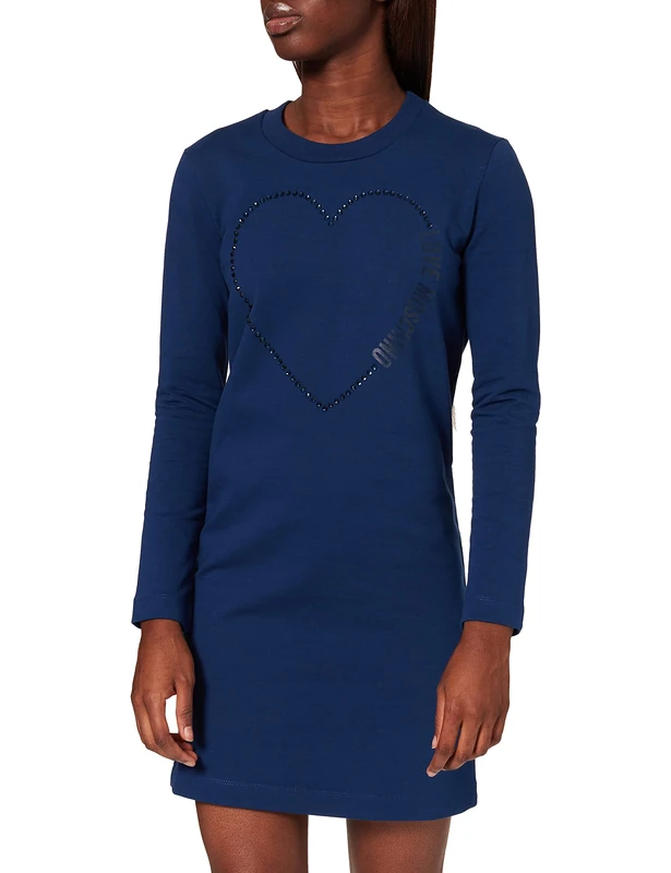Love Moschino Women's Regular fit Long Sleeved t-Shirt Dress with Matching-hue Rhinestone Heart Casual, Blue, 6