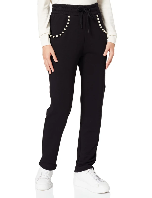 Moschino Women's Loose fit Joggers with Adjustable Drawstring waistclosed Cuffs and Pearls Along The Pocket Hemline Casual Pants, Black, 16