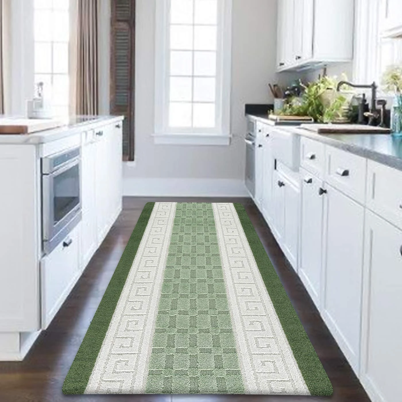 PHP Non-Slip Area Rug, 80 x 150 cm Washable, Heavy Duty Floor Protector Anti Slip Hallway Large Rug for Indoor Outdoor Hall Bedroom and Kitchen - Green