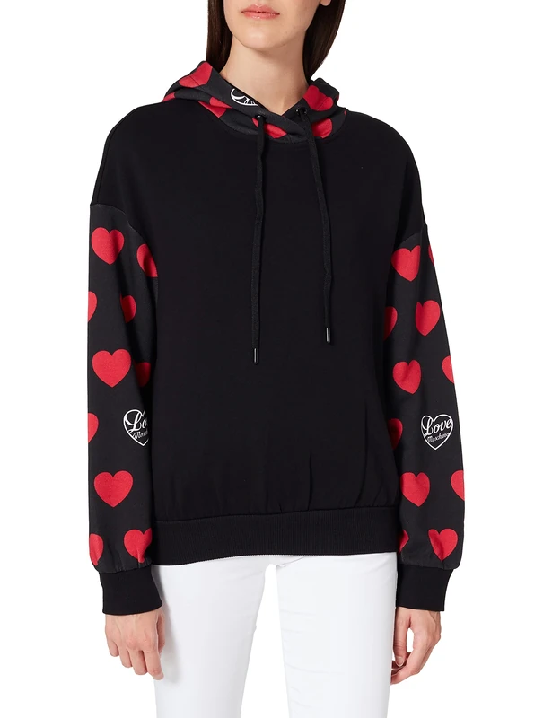 Love Moschino Women's Hooded Sweatshirt with Long Sleeves,Adjustable Drawstring and Narrow Ribbed Cuffs,All-Over Print, C74+6016, 46