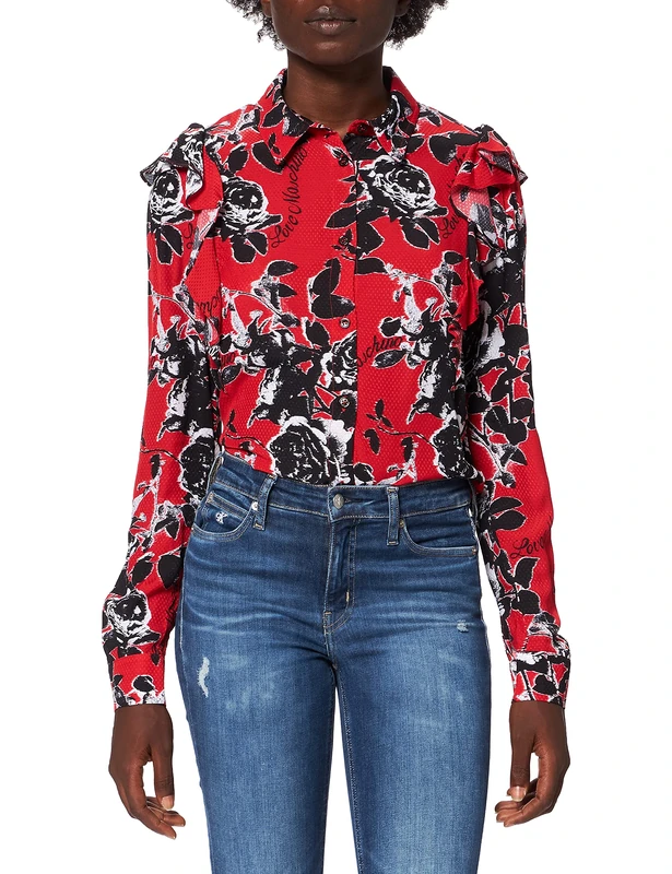 Love Moschino Women's Long Sleeve Shirt in Flowing Fabric with an All-Over Roses Print,Small Ruffles on The Shoulders, F.Ross/Cuo.Nero, 16