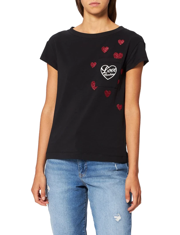 Love Moschino Women's Boxy fit Short Sleeved t-Shirt with Holographic foil Hearts and Rubberized Logo, Black, 20