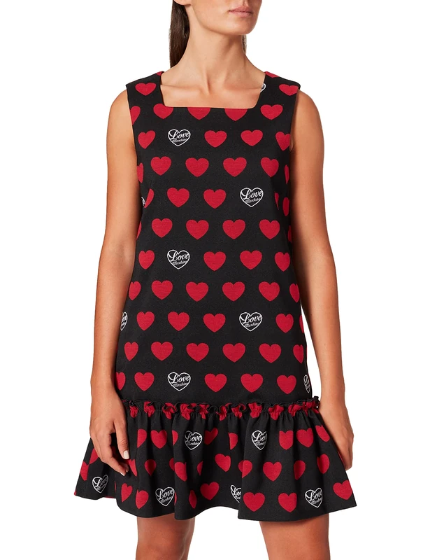Love Moschino Women's Sleeveless Tube Dress in All-Over Heart and Logo Jacquard Fabric Casual, F.Nero/CUOR.RED, 20