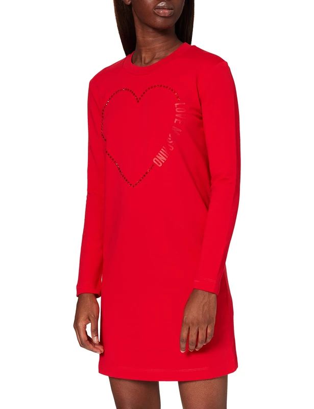 Love Moschino Women's Regular fit Long Sleeved t-Shirt Dress with Matching-hue Rhinestone Heart Casual, red, 22