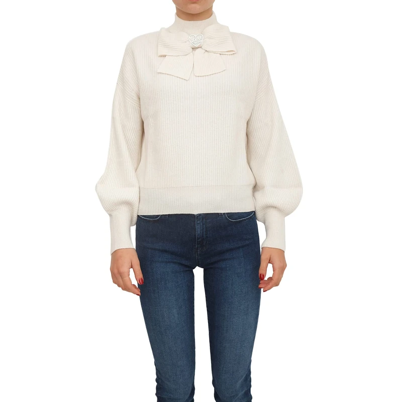 Love Moschino Women's Maxi Turtleneck Pullover with Long Sleeves That Puff at The Cuffs Sweater, White, UK 20