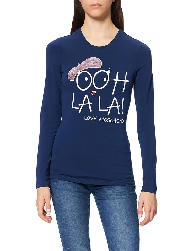 Love Moschino Women's Fitted Long Sleeve t-Shirt with French-Inspired Embroidered Slogan with Sequin Accents and Logo, Blue, 22