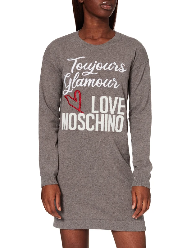 Love Moschino Women's Straight Dress with Long Sleeves in 80% carded woolwith Embroidered Intarsia Logo in Front. Casual, Dark Grey, 14