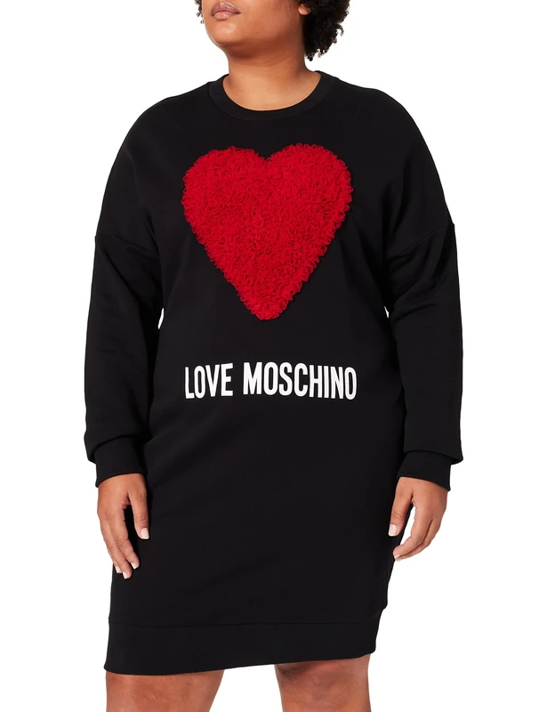 Love Moschino Women's Loose fit Long Sleeved Dress with Maxi Heart with Tulle Ruffle Applique and Logo Print Casual, C74+Cuore Rosso, 22