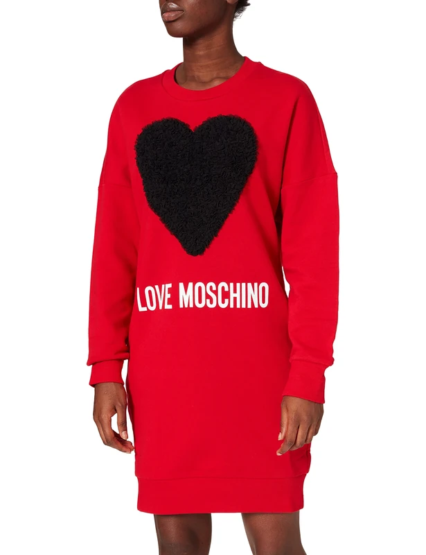Love Moschino Women's Loose fit Long Sleeved Dress with Maxi Heart with Tulle Ruffle Applique and Logo Print Casual, O93+Cuore Nero, 18
