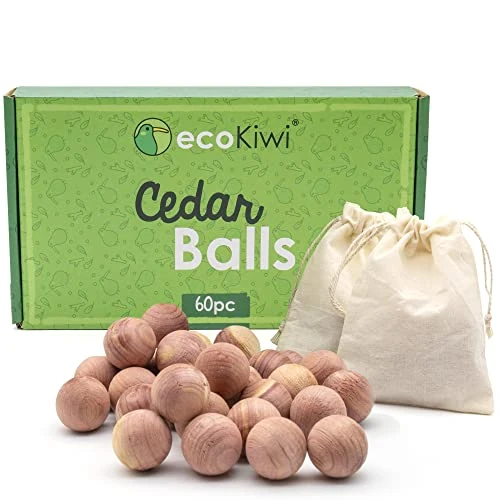 ecoKiwi Moth Balls 60 Pack - Cedarwood Moth Repellent - 100% Natural Cedar Balls Moth Repellent for Wardrobes - Cedar Oil Moth Repellent Anti Moth - Moth Treatment for House, Sandpaper & Cotton Bags