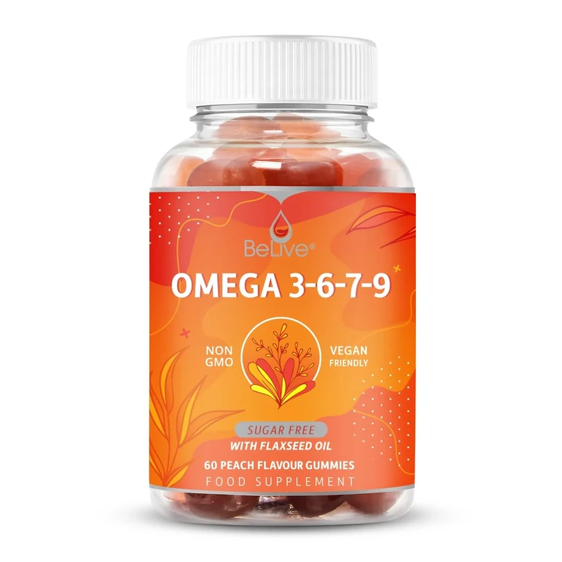 BeLive Omega 3 Gummies with Omegas 6, 7, 9, DHA & EPA from Flaxseed Oil and Sea Buckthorn Fruit Oil - Sugar-Free, Supports Brain, Heart, Eye & Immune System, Supplements for Kids & Adults (60 CT) (1)