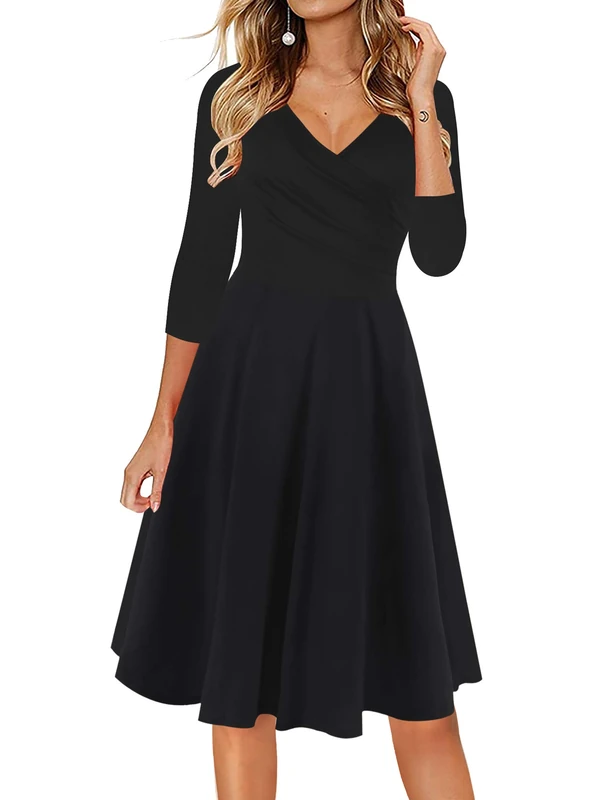 oxiuly Women's Casual Dresses Criss-Cross V-Neck Floral Flare Midi Summer Dress OX233, Black Solid7, XL