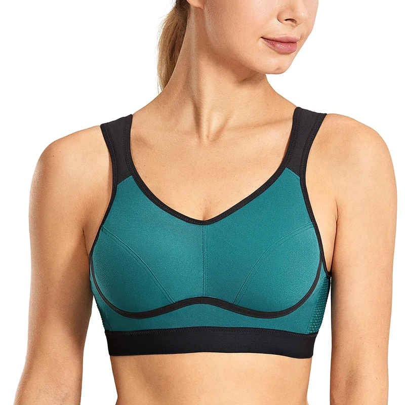 SYROKAN Women's Comfort Sports Bra High Impact for Large Breasts Wireless Stretch Support Bounce Control Mountain Blue 36C