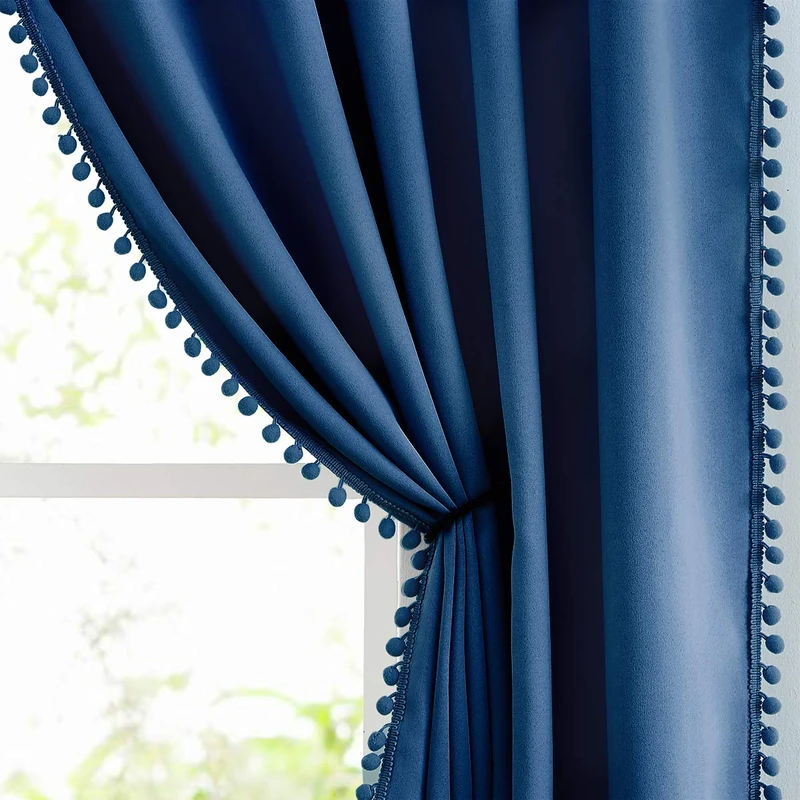 Pom Pom Curtains 84" Navy Royal Blue Blackout Curtains Bedroom Windows Drapes Triple Weave Thermal Insulated Curtain Panels for Men Boys Nursery Room Studio Hotel 50" w x2 Panels Rod Pocket