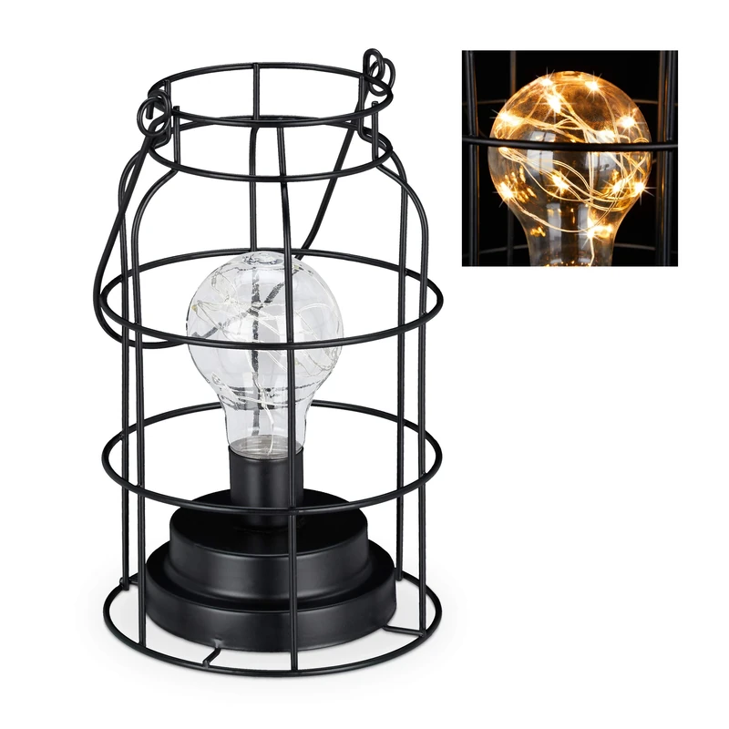 Relaxdays Table Lamp, Grid Light, LED Bulb, Warm White, Battery, Wire, Vintage, Decorative, Industrial Design, Black, Iron