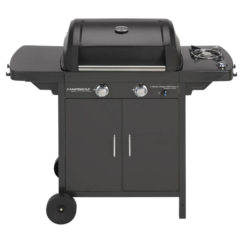 Campingaz 2 Series Classic EXS Vario D Gas BBQ with Side Burner | 7.5 kW Power | Barbecue Gas Grill with powerful 2 Stainless Steel Burners | Barbecue with Trolley, Lid and Thermometer
