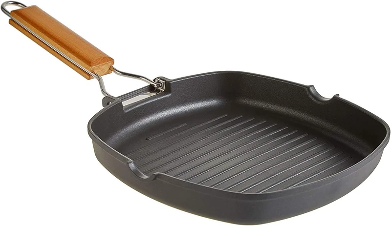 WECOOK! Ecostone Grill Induction Grill Stripes 28 x 28 cm, Non-Stick ILAG Eco-Friendly PFOA-Free, Cast Aluminium, 5 mm Thickness, Folding Wood Handle, Suitable for All Cookers, Gas - Image 1