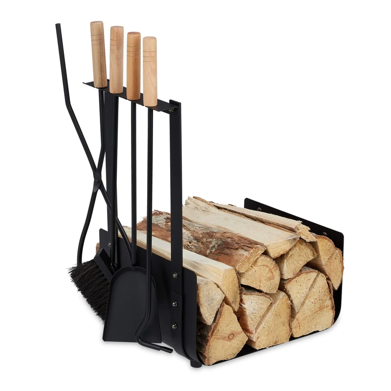 Relaxdays Fireplace Tool Set, Steel Firewood Basket with Shovel, Broom, Tongs & Poker, HWD: 62.5 x 46 x 30 cm, Black, 1 Item
