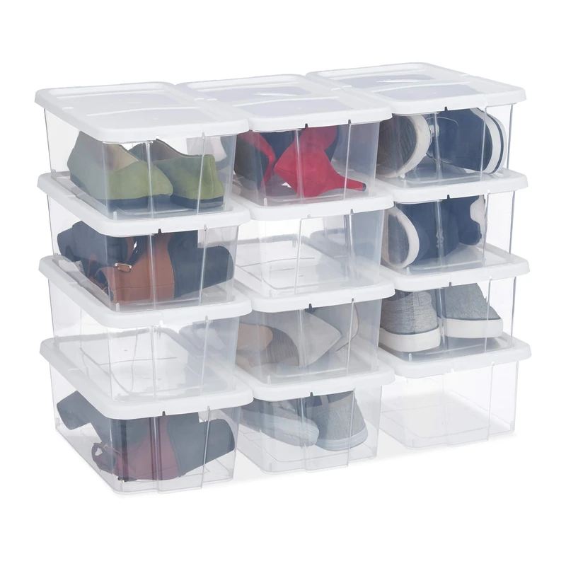 Relaxdays Set of 12, Plastic Shoe Boxes, Stackable, Transparent Storage Container with Lid, Organisation, HWD: 12.5 x 20 x 34.5 cm, White