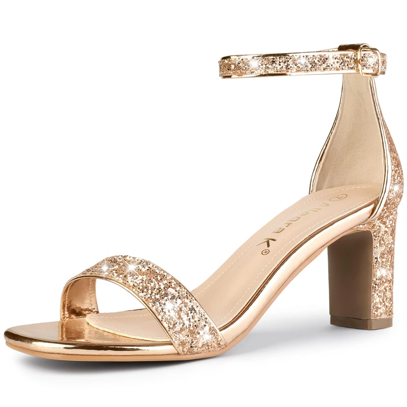 Allegra K Women's Glitter Ankle Strap Chunky Heeled Sandals Rose Gold 6.5 UK/Label Size 8.5 US - Image 1