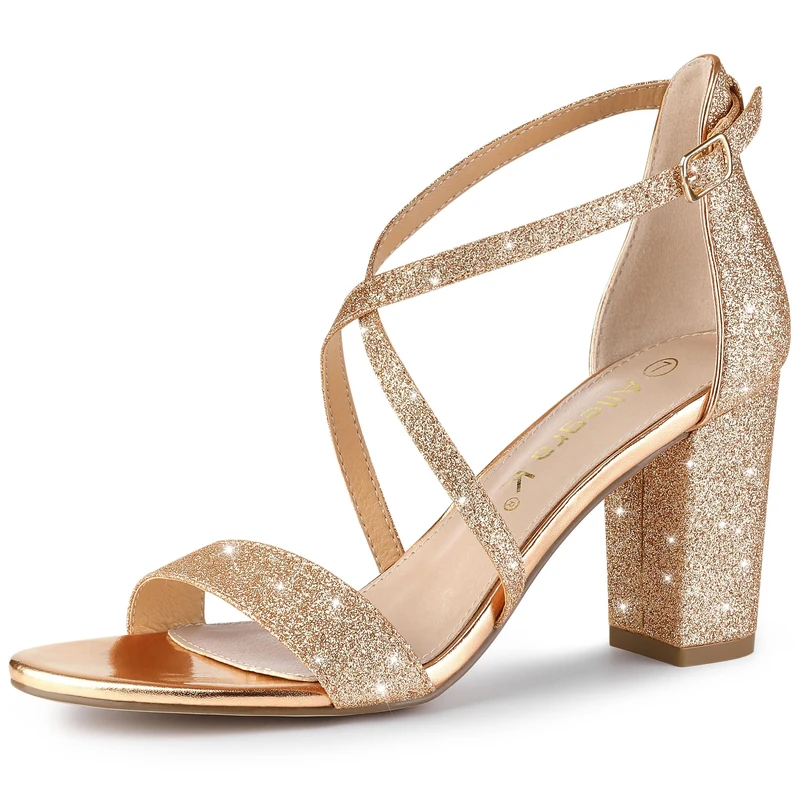 Allegra K Women's Glitter Crisscross Strap Block Heels Sandals Rose Gold 8 UK/Label Size 10 US