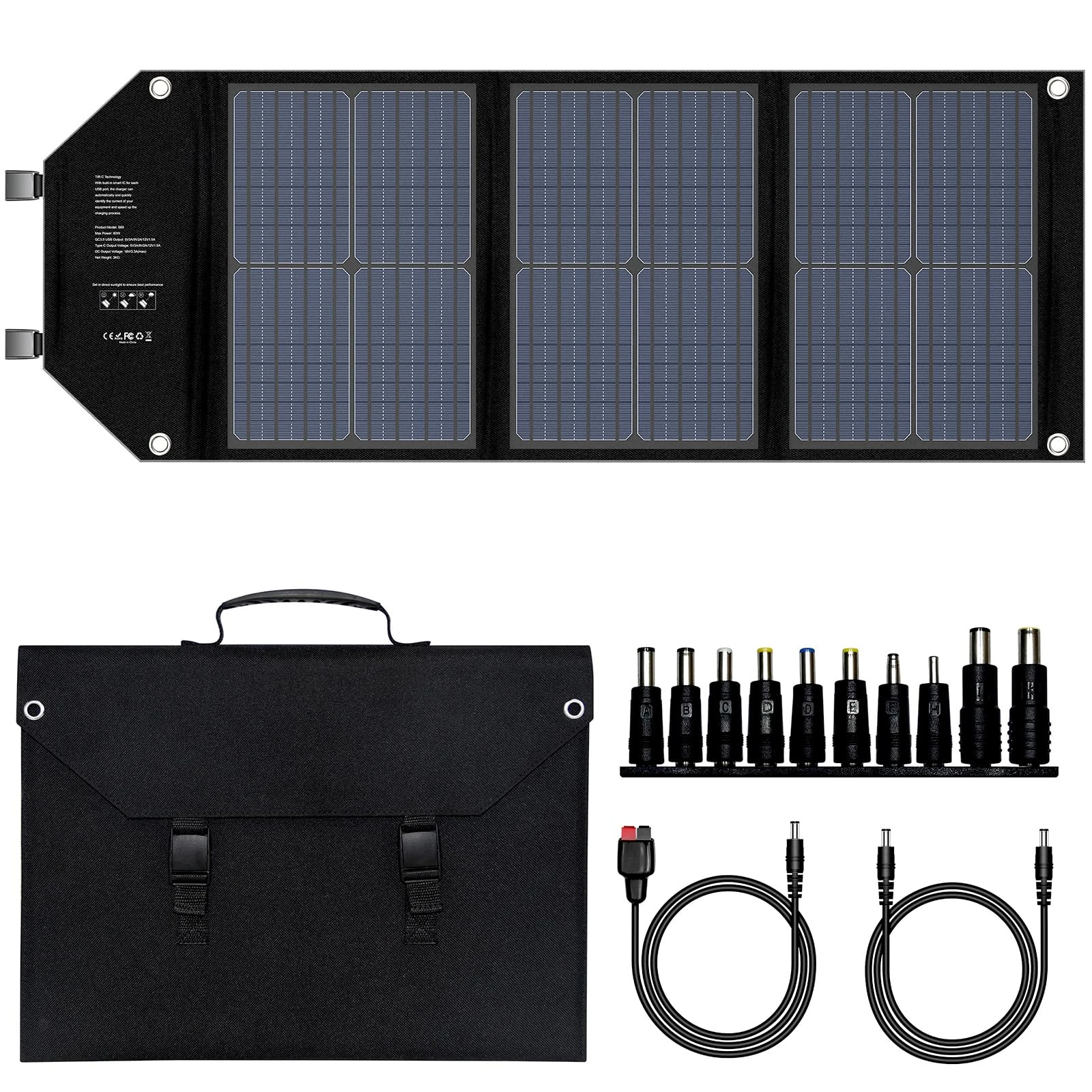 Portable Solar Panel 60W, Monocrystalline Solar Module with USB C 2*QC3.0 Port 12-18V DC Output Camping Solar Charger for Portable Power Station Mobile Phones Laptops