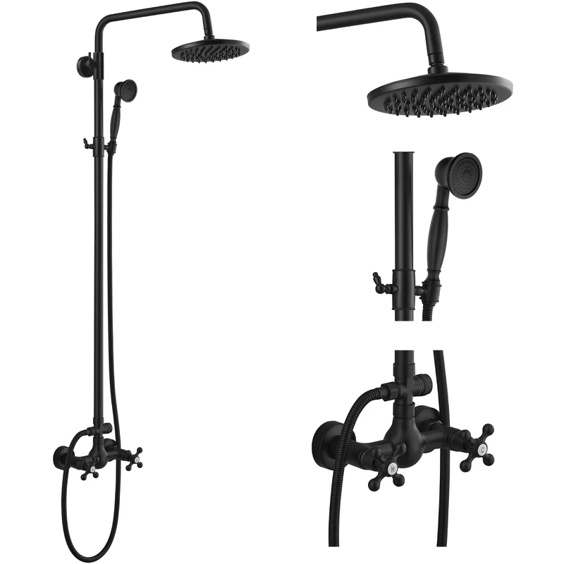 Matte Black Rain Shower System Set 2 Cross Knobs Mixing 8 Inch Rainfall Shower Head with Handheld Spray Bathroom Shower Faucet Wall Mounted