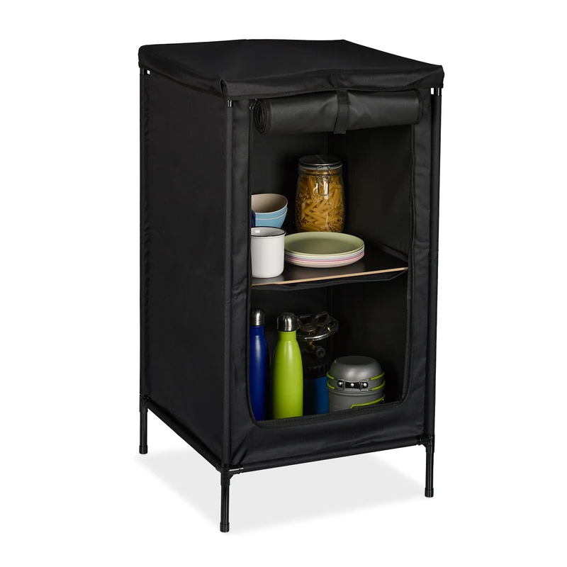 Relaxdays Camping Cupboard, with 2 Shelves, HBD: 87x47.5x47.5 cm, Camping Shelf with Table-Top, Storage Space, Grey