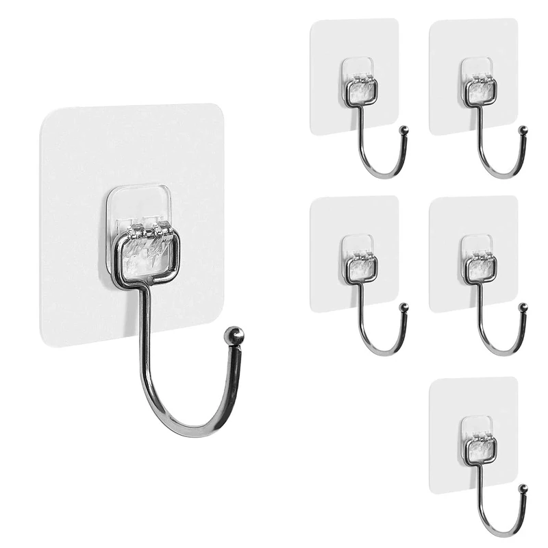 Hushtong Adhesive Hooks Heavy Duty Wall Hooks 20kg (Max) Self Adhesive Hooks,Strong Clear Stick on Hooks Free Nail for Kitchen,Home and Office,6Pack