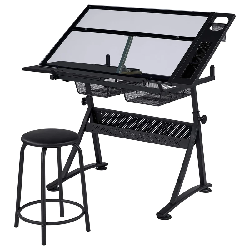 Yaheetech Height Adjustable Glass Drafting Table with Tilting Tabletop Artist Craft Desk with Open Drawers & Shelf, 121 x 60cm Black Office Workstation with Glass Tabletop