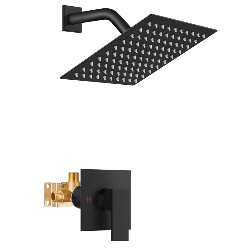 Airuida Shower Faucet Set Bathroom Rain Shower System SUS304 Stainless Steel Single Handle with Male Threads Rough-in Valve Shower Trim Kit 8 Inch Wall Mount Shower Head Matte Black