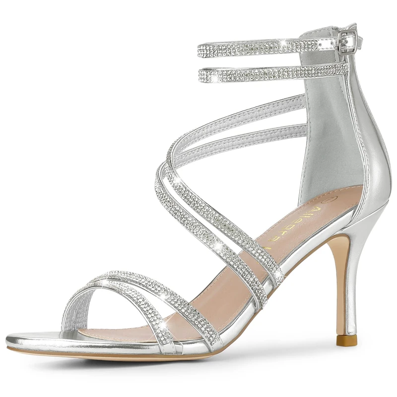 Allegra K Women's Ankle Strap Rhinestone Stiletto Heeled Sandals, Silver, 6 UK
