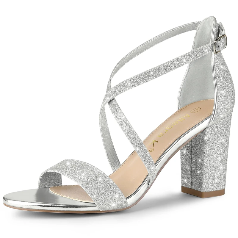 Allegra K Women's Glitter Crisscross Strap Block Heels Sandals Silver 6 UK/Label Size 8 US