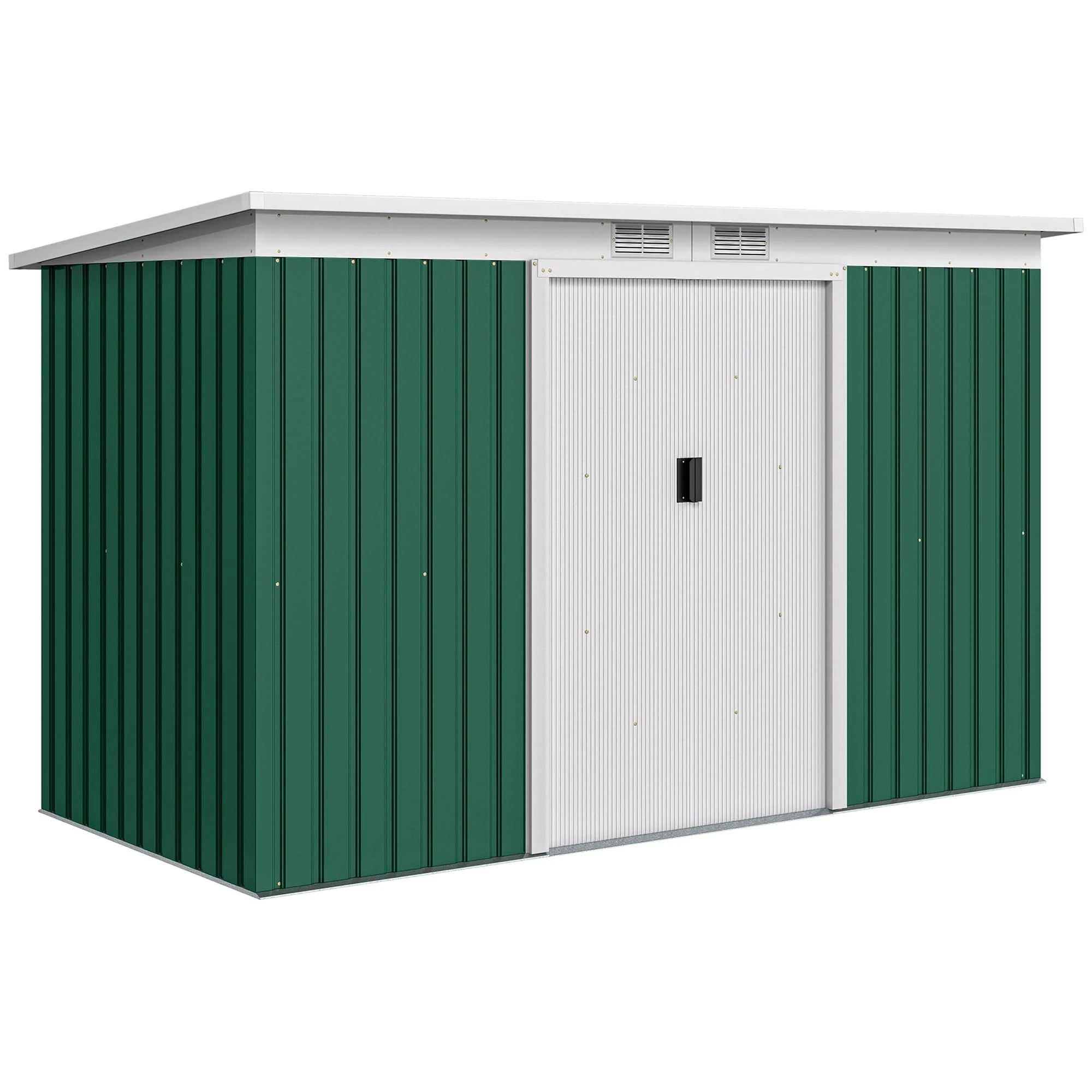 Outsunny 9ft x 4ft Metal Garden Shed, Outdoor Tool House with Foundation Kit, Ventilations and Double Doors, Deep Green