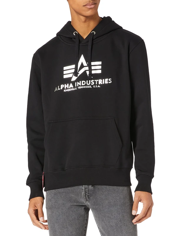 Alpha Industries Men's Basic Hoody Foil Print Hooded Sweat Sweatshirt, Black/Metalsilver, S