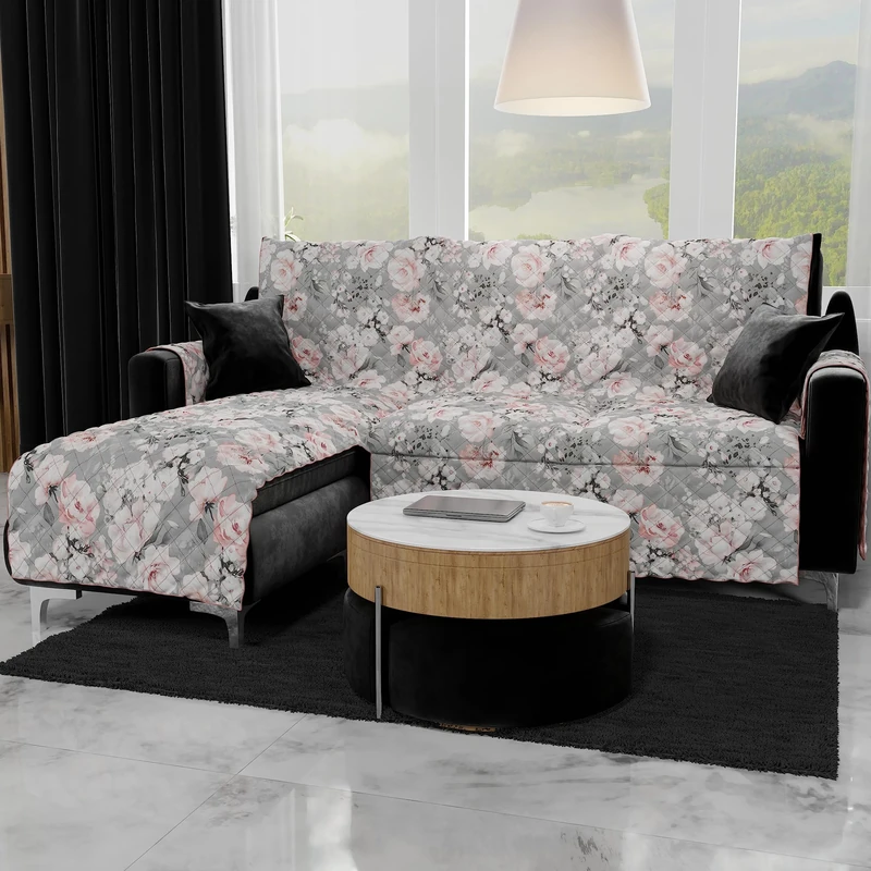 PETTI Artigiani Italiani Corner Sofa Cover with Peninsula, 3 Seater Sofa Cover with Left Island, Chaise Longue, Grey Flowers, 100% Made in Italy